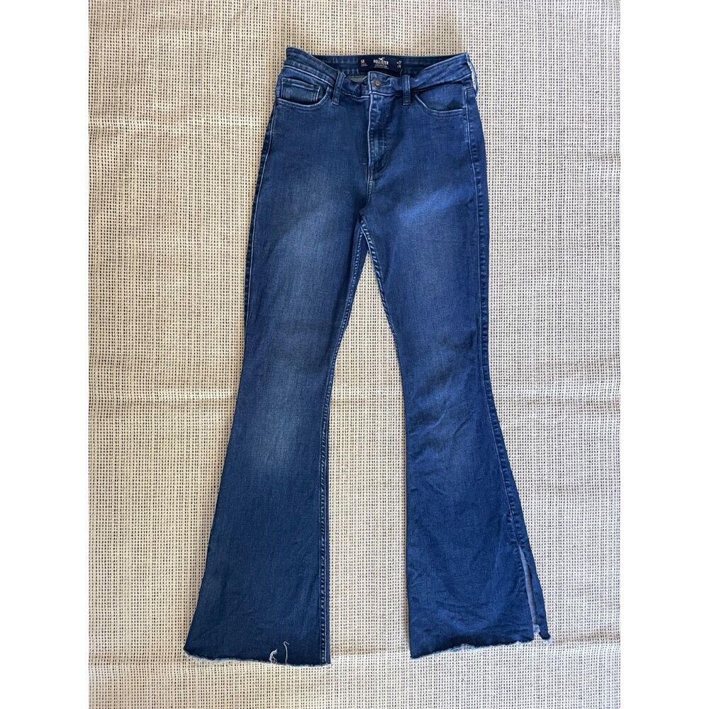 Hollister Womens High Rise Flare Jeans 5R Dark Wash Raw Hem Stretch Y2K Trendy